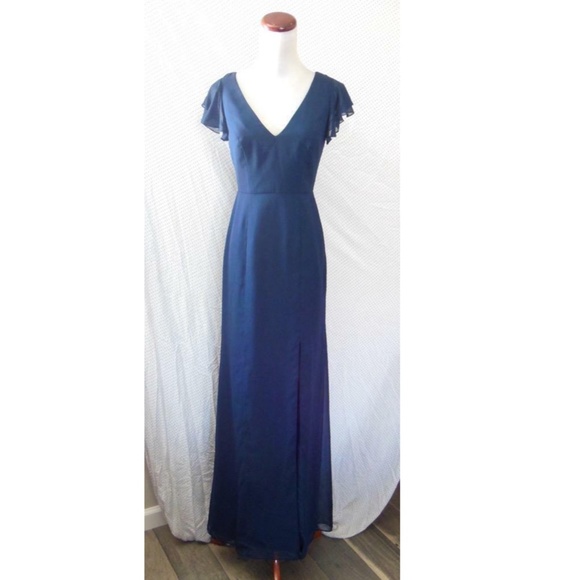 NEW 6810 AFTER SIX Midnight Blue V-Neck Ruffle Sleeve Bridesmaid Evening DRESS 0 - Picture 9 of 13